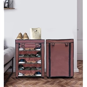 5 layer non-woven fabric portable closet wardrobe organizer storage 28d x 58w x 91h cm brown metal
