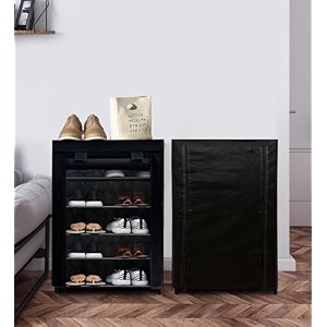 metal 5 tier collapsible wardrobe clothes organizer adjustable racks space saving foldable stand multipurpose storage shelves lightweight cabinet for men women kids with cover black