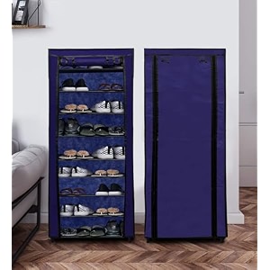 multipurpose 9 shelves shoe rack with zip door cover amp side pockets multiuse storage rack for footweartoys clothes with dustproof cover 9 shelves dark blue