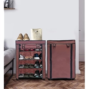 premium 4-tiers shoe rackmultipurpose storage rack with dustproof cover iron pipes non woven fabric plastic connector brown