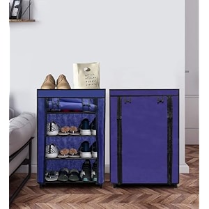 premium 4-tiers shoe rackmultipurpose storage rack with dustproof cover iron pipes non woven fabric plastic connector dark blue