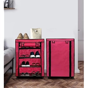 premium 4-tiers shoe rackmultipurpose storage rack with dustproof cover iron pipes non woven fabric plastic connector pink