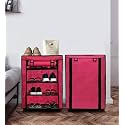 Premium 4-Tiers Shoe Rack/Multipurpose Storage Rack with Dustproof Cover (Iron Pipes, Non Woven Fabric, Plastic Connector) Pink