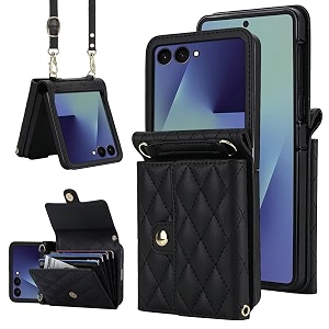 phone case for samsung galaxy z flip 7 crossbody wallet phone cover with card holders cash slot wristlet strap fashion leather handbag flip 7 phone case for women girls black
