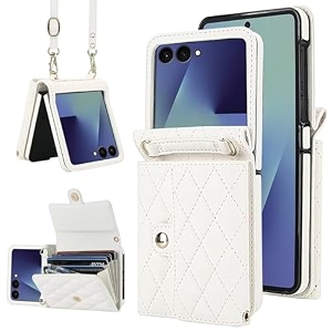 phone case for samsung galaxy z flip 7 crossbody wallet phone cover with card holders cash slot wristlet strap fashion leather handbag flip 7 phone case for women girls white