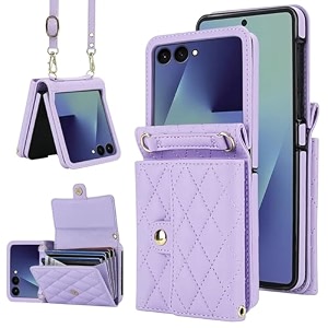 phone case for samsung galaxy z flip 7 crossbody wallet phone cover with card holders cash slot wristlet strap fashion leather handbag flip 7 phone case for women girls purple