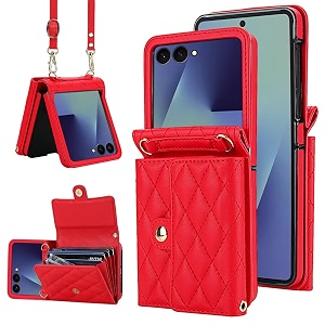 phone case for samsung galaxy z flip 7 crossbody wallet phone cover with card holders cash slot wristlet strap fashion leather handbag flip 7 phone case for women girls red