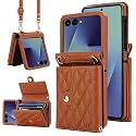 Phone Case for Samsung Galaxy Z Flip 7, Crossbody Wallet Phone Cover with Card Holders Cash Slot Wristlet Strap, Fashion Leather Handbag Flip 7 Phone Case for Women Girls Brown