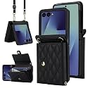 Phone Case for Samsung Galaxy Z Flip 7, Crossbody Wallet Phone Cover with Card Holders Cash Slot Wristlet Strap, Fashion Leather Handbag Flip 7 Phone Case for Women Girls Black