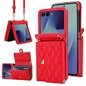 Phone Case for Samsung Galaxy Z Flip 7, Crossbody Wallet Phone Cover with Card Holders Cash Slot Wristlet Strap, Fashion Leather Handbag Flip 7 Phone Case for Women Girls Red