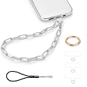 Phone Charm with Gold Metal Chain Detachable Phones Lanyard Hand Wrist Strap Wristlet Adjustable Phone Finger Grip Strap with 3 Patches Tether Universal for iPhone 16 Pro Max 15 Charms Silver