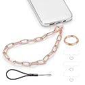 Phone Charm with Gold Metal Chain Detachable Phones Lanyard Hand Wrist Strap Adjustable Phone Finger Grip Wristlet with 3 Patches Tether Universal for iPhone 16 Pro Max 15 14 Charms Rose Gold