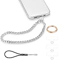 Phone Charm with Gold Metal Chain Detachable Phones Lanyard Hand Wrist Strap Wristlet Adjustable Finger Grip Strap with 3 Patches Tether Universal for iPhone 17 16 Pro Max 15 Charms Silver