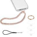 Phone Charm with Gold Metal Chain Detachable Phones Lanyard Hand Wrist Strap Adjustable Phone Finger Grip Wristlet with 3 Patches Tether Universal for iPhone 16 Pro Max 15 Charms Rose Gold
