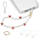 Phone Charm Wrist Strap Pearl Beaded Chain Detachable Lanyard Hand Wristlet Fashion Accessories Finger Grip Anti-drop with 3 Tether Tab for Women Girl Universal for iPhone 16 Pro Max 15 Sweet Cherries