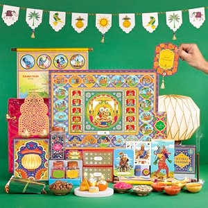phool ramayana diwali gifbox - 15 item hamper - contains tara sitara lamp toran golden emborssed diya incense dry fruit nuts and saunf playing cards brass diya set ramayana map- all in patola tray premium diwali gift hamper