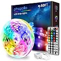 phopollo LED Lights for Bedroom 50FT, 5050 LED Strip Lights with 44 Key IR Remote Controller and 12V Power Supply for Home Decoration