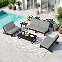 Pia Ricoo 5-Piece Patio Furniture Set, Outdoor Sofa with 2 Loveseat, 2 Chairs &amp; Coffee Table, All-Weather Conversation Set for Backyard/Deck/Lawn - Gray/Dark