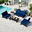 Pia Ricoo 5-Piece Patio Furniture Set, Outdoor Sofa with 2 Split Back Loveseat, 2 Chairs &amp; Coffee Table, Conversation Set for Backyard/Deck/Lawn - Navy/Dark