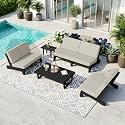 Pia Ricoo 5-Piece Patio Furniture Set, Outdoor Sofa with 2 Split Back Loveseat, 2 Chairs &amp; Coffee Table, Conversation Set for Backyard/Deck/Lawn - Light Camel/Dark