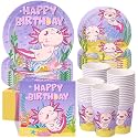Pickmesh 250 Pcs Axolotl Birthday Disposable Tableware Set Reptile Animals Plates Napkins Cups Cutlery Purple Pink Cartoon Axolotl Birthday Party Supplies Favors for Baby Shower, Serve 50 Guest