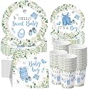 Pickmesh 250 Pcs Blue Boy Baby Shower Disposable Tableware Set Hello Sweet Boy Paper Plates Napkin Cup Cutlery with Sage Decoration for Gender Reveal Birthday Party Supply Baby Shower, Serve 50 Guest