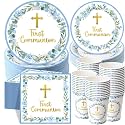 Pickmesh 250 Pcs Blue First Holy Communion Disposable Tableware Set God Bless Baptism Disposable Paper Plates Napkins and Cups for Boys Christening Celebration Baby Shower Religious Supplies Serve 50
