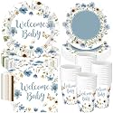 Pickmesh 250 Pcs Blue Floral Baby Shower Party Supplies Decorations Serve 50 Wildflower Welcome Baby Disposable Paper Plates Napkins and Cups for Birthday Babies Boy Shower Gender Reveal Party Decor