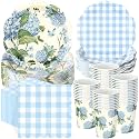 Pickmesh 250 Pcs Blue Hydrangea Party Supplies Blue Floral Gingham Checkered Paper Plates Napkins and Cups Hydrangea Disposable Tableware Set for Summer Wedding Birthday Tea Party Decorations Serve 50