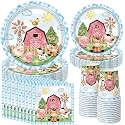 Pickmesh 250 Pcs Farm Animals Party Plates Napkins Cups, Light Blue Pink