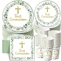Pickmesh 250 Pcs Green First Holy Communion Disposable Tableware Set God Bless Baptism Disposable Paper Plates Napkins and Cups for Christening Celebration Baby Shower Religious Supplies Serve 50