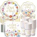 Pickmesh 250 Pcs Love in Bloom Bridal Shower Disposable Tableware Set Floral Love in Bloom Disposable Paper Plates Napkins and Cups for Wedding Party Supplies Bridal Shower Engagement, Serve 50 Guest