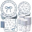 Pickmesh 250 Pcs Ocean Blue Bow Seashell Paper Napkins Plates Cups Set Ocean Themed Party Supplies Coastal Seashell Disposable Tableware for Summer Birthday Beach Wedding Dinner, Serve for 50 Guests