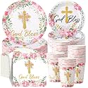Pickmesh 250 Pcs Pink Baptism Cross Disposable Tableware Set Confirmation Baptism Disposable Paper Plates Napkins Cups for First Holy Communion Christening Baby Shower Girl Religious Supplies Serve 50