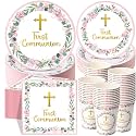 Pickmesh 250 Pcs Pink First Holy Communion Disposable Tableware Set God Bless Baptism Disposable Paper Plates Napkins and Cups for Girls Christening Celebration Baby Shower Religious Supplies Serve 50