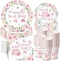 Pickmesh 250 Pcs Pink Floral Baby Girl Disposable Tableware Set Hello Sweet Baby Paper Plates Napkins Cups Cutlery for Gender Reveal Birthday Party Supplies Babies Shower, Serve 50 Guest