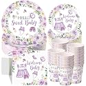Pickmesh 250 Pcs Purple Floral Baby Girl Shower Disposable Tableware Set Hello Sweet Baby Paper Plates Napkins Cups Cutlery for Gender Reveal Birthday Party Supplies Babies Shower, Serve 50 Guest