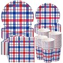 Pickmesh 250 Pcs Red White Blue Paper Plates and Napkins Set, 4th of July Patriotic Plaid Party Supplies Serves 50, 9" &amp; 7" Plates with 9oz Cups and 6.5" Napkins for 250th Veterans Day Summer Party