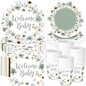 Pickmesh 250 Pcs Sage Green Floral Baby Shower Party Supplies Decorations Serve 50 Wildflower Welcome Baby Disposable Paper Plates Napkins and Cups for Birthday Babies Boy Shower Gender Reveal Party