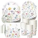 Pickmesh 250 Pcs Spring Floral Disposable Tableware Set Wildflower Butterfly Disposable Paper Plates Napkins and Cups for Baby Bridal Shower Birthday Wedding Baby in Bloom Garden Tea Party Supplies