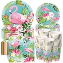 Pickmesh 250 Pcs Summer Flamingo Disposable Tableware Set Hawaiian Luau Party Supplies Tropical Paper Plates Napkins and Cups for Summer Beach Aloha Baby Shower Birthday Pool Party, Serve 50 Guest