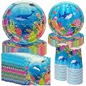 Pickmesh 250 Pcs Under The Sea Party Supplies Ocean Theme Paper Plates Napkins and Cups Sea Animal Disposable Tableware Set Underwater Creatures Party Decorations for Birthday Baby Shower Serve 50