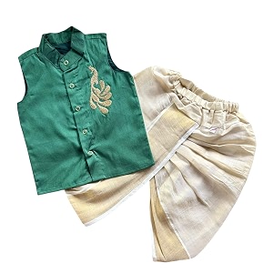 picksparrow baby boy cotton silk-tissue kasavu cotton shirt with dhoti pant peacock-sleeveless