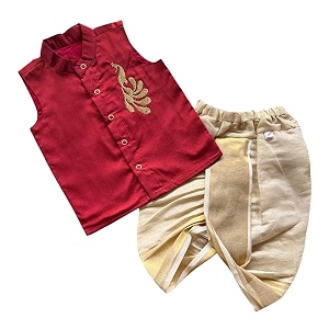 picksparrow baby boy cotton silk-tissue kasavu cotton shirt with dhoti pant peacock-sleeveless