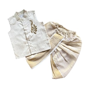 picksparrow baby boy cotton silk-tissue kasavu cotton shirt with dhoti pant peacock-sleeveless