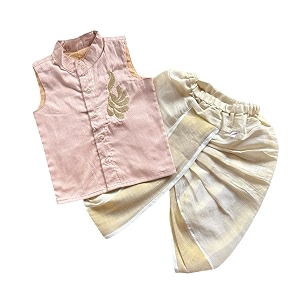 picksparrow baby boy cotton silk-tissue kasavu cotton shirt with dhoti pant peacock-sleeveless