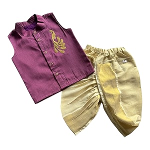 picksparrow baby boy cotton silk-tissue kasavu cotton shirt with dhoti pant peacock-sleeveless