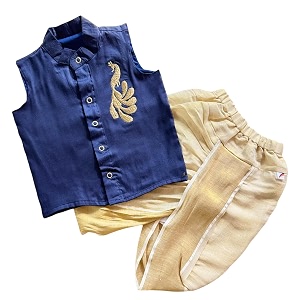 picksparrow baby boy cotton silk-tissue kasavu cotton shirt with dhoti pant peacock-sleeveless