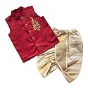 Picksparrow Baby Boy Cotton Silk-Tissue Kasavu Cotton Shirt with Dhoti pant (Peacock-Sleeveless)