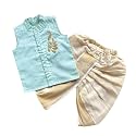 Picksparrow Baby Boy Cotton Silk-Tissue Kasavu Cotton Shirt with Dhoti pant (Peacock-Sleeveless)